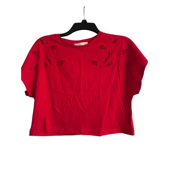 NWT MNG Mango Women's Red Cropped Tee Shirt Leaf Cutouts SIze Small - Picture 1 of 7